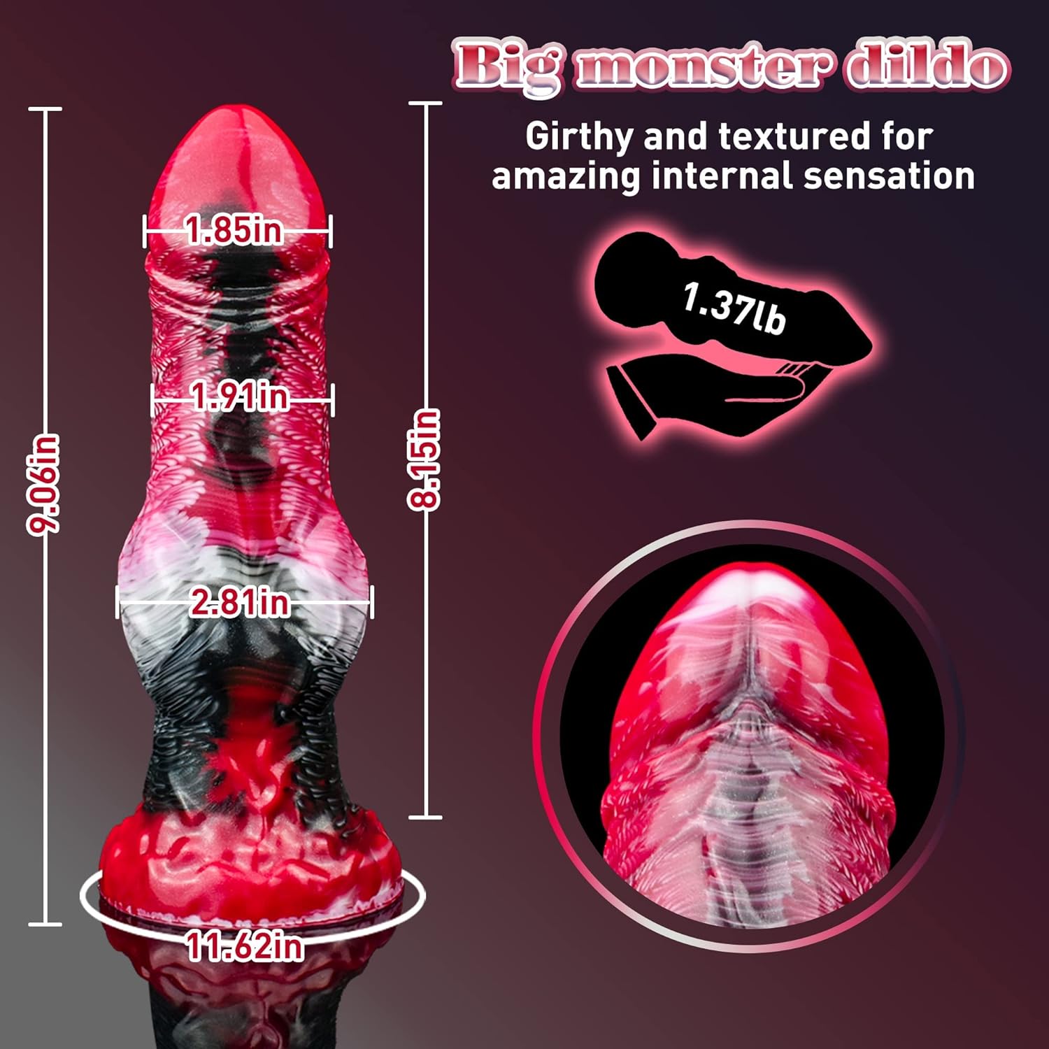 Realistic Liquid Silicone Dildo with Strong Suction Cup, 9" Large Hands-Free Dong, Thick Veined Texture