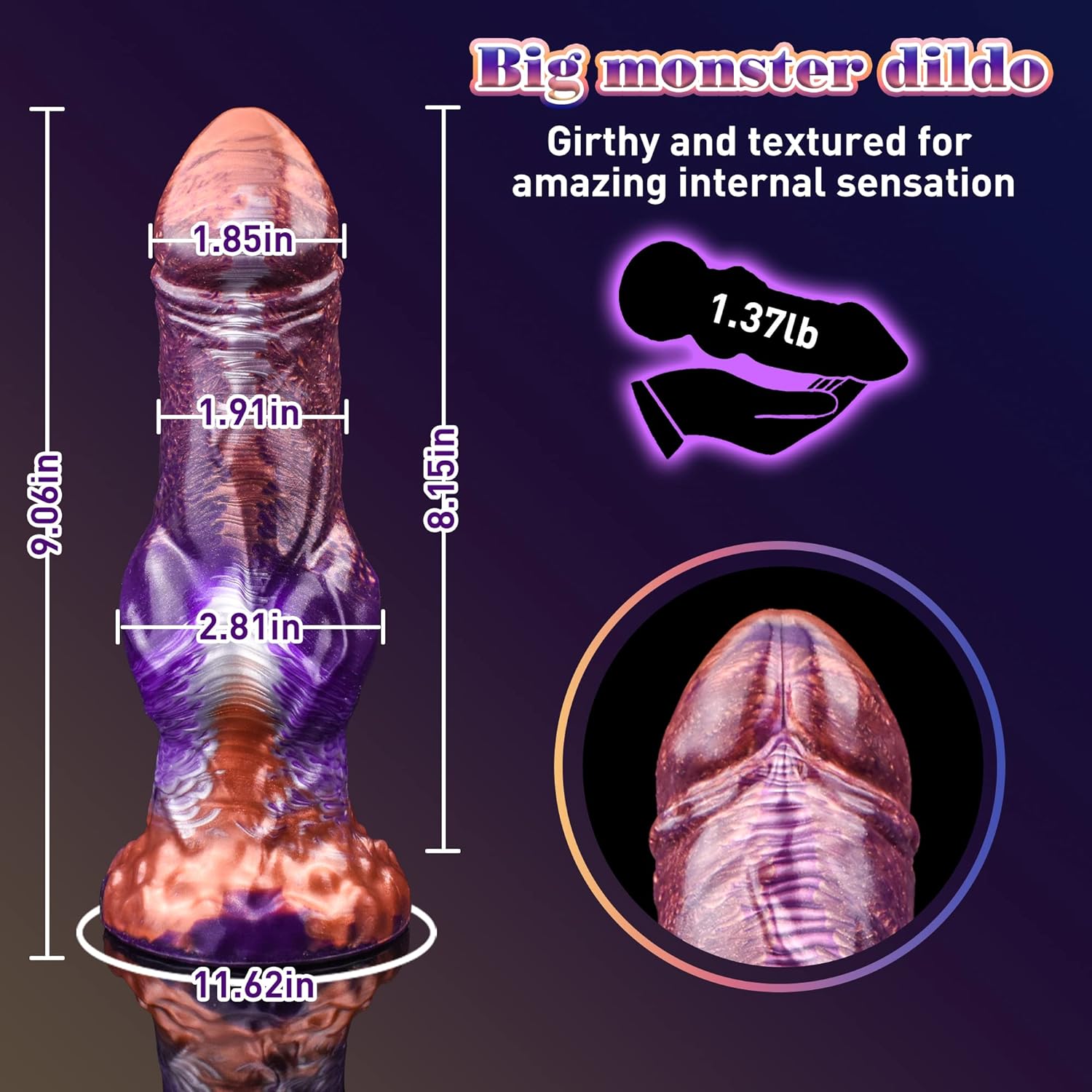 Realistic Liquid Silicone Dildo with Strong Suction Cup, 9" Large Hands-Free Dong, Thick Veined Texture