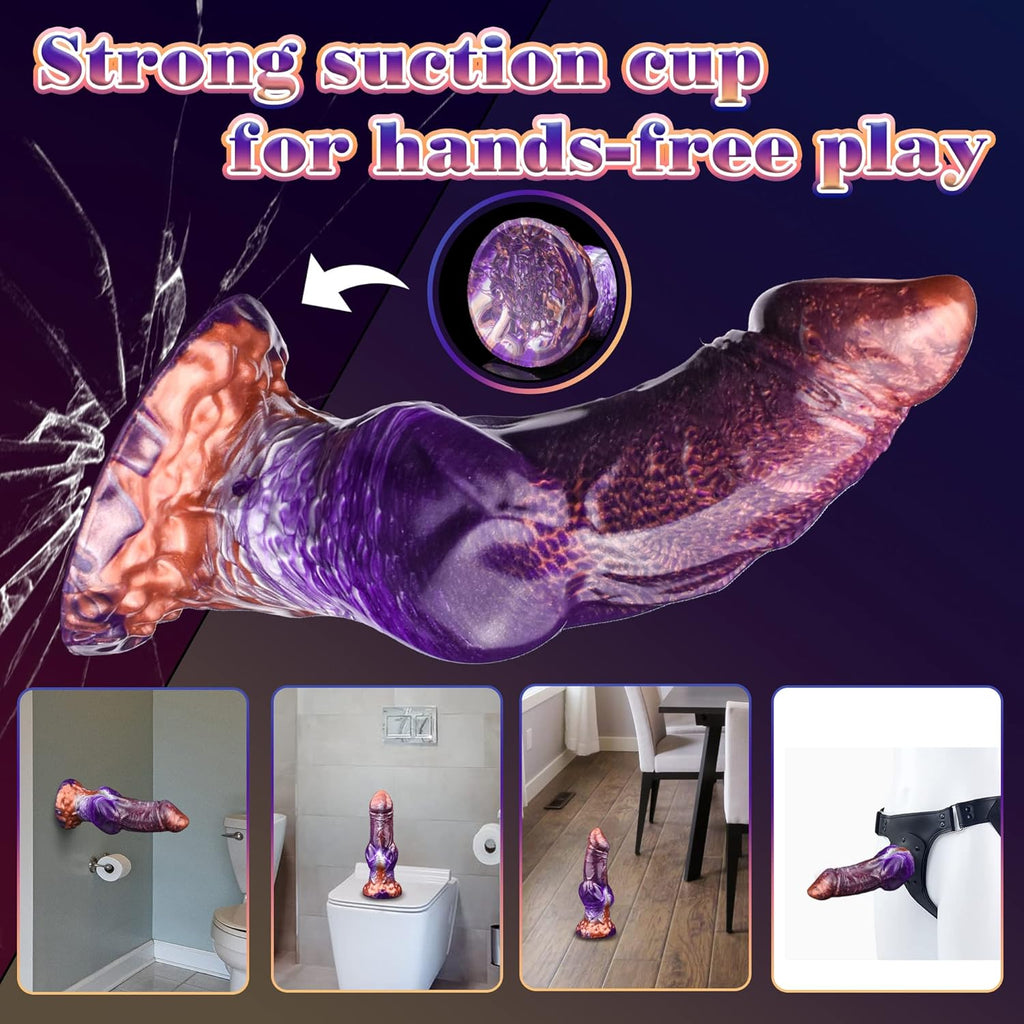 Realistic Liquid Silicone Dildo with Strong Suction Cup, 9" Large Hands-Free Dong, Thick Veined Texture