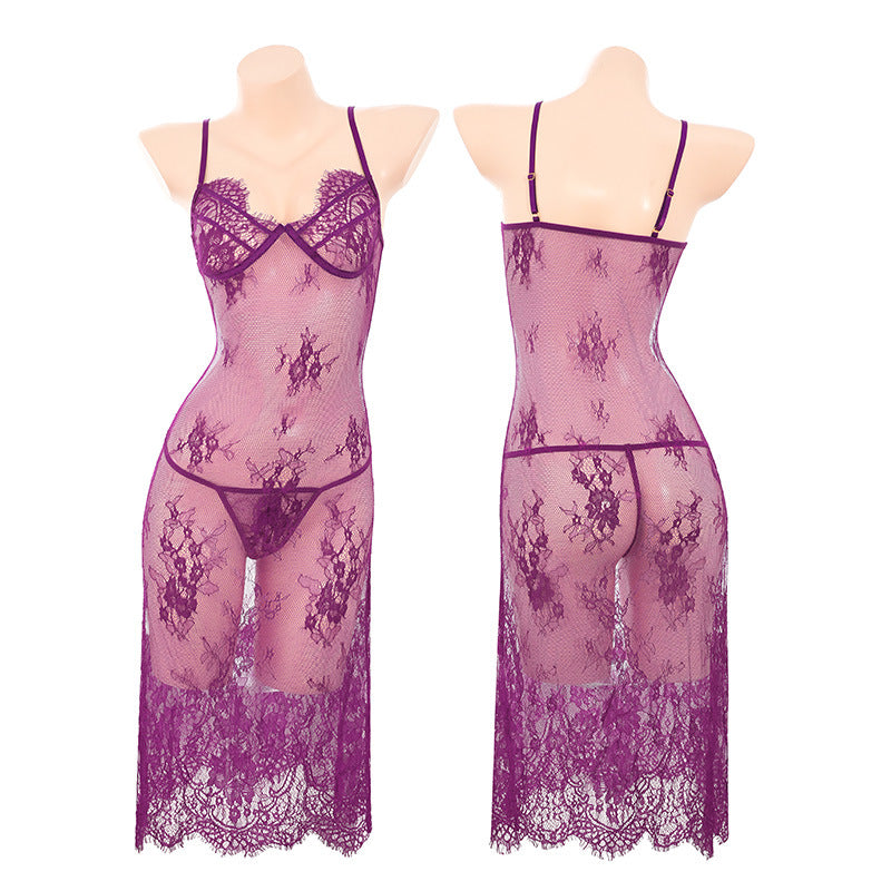 Elegant Purple Lace Long Chemise - Romantic Sheer Nightgown with Underwire Support, Floral Lace Pattern, Matching Thong, 2-Piece Set