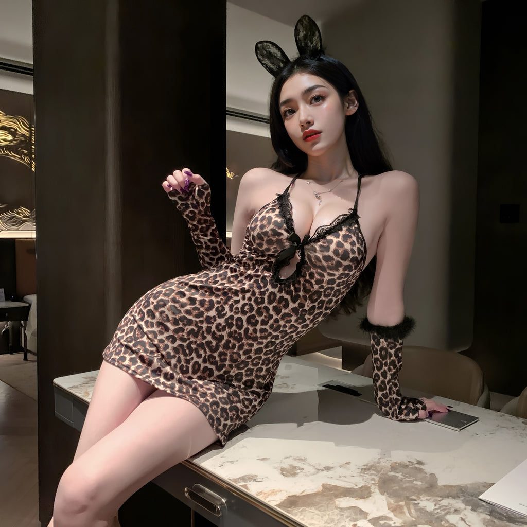 Leopard Print Lingerie Set - Spaghetti Strap Mini Dress with Lace Trim, Long Gloves & Bunny Ears Headband, 3-Piece Costume