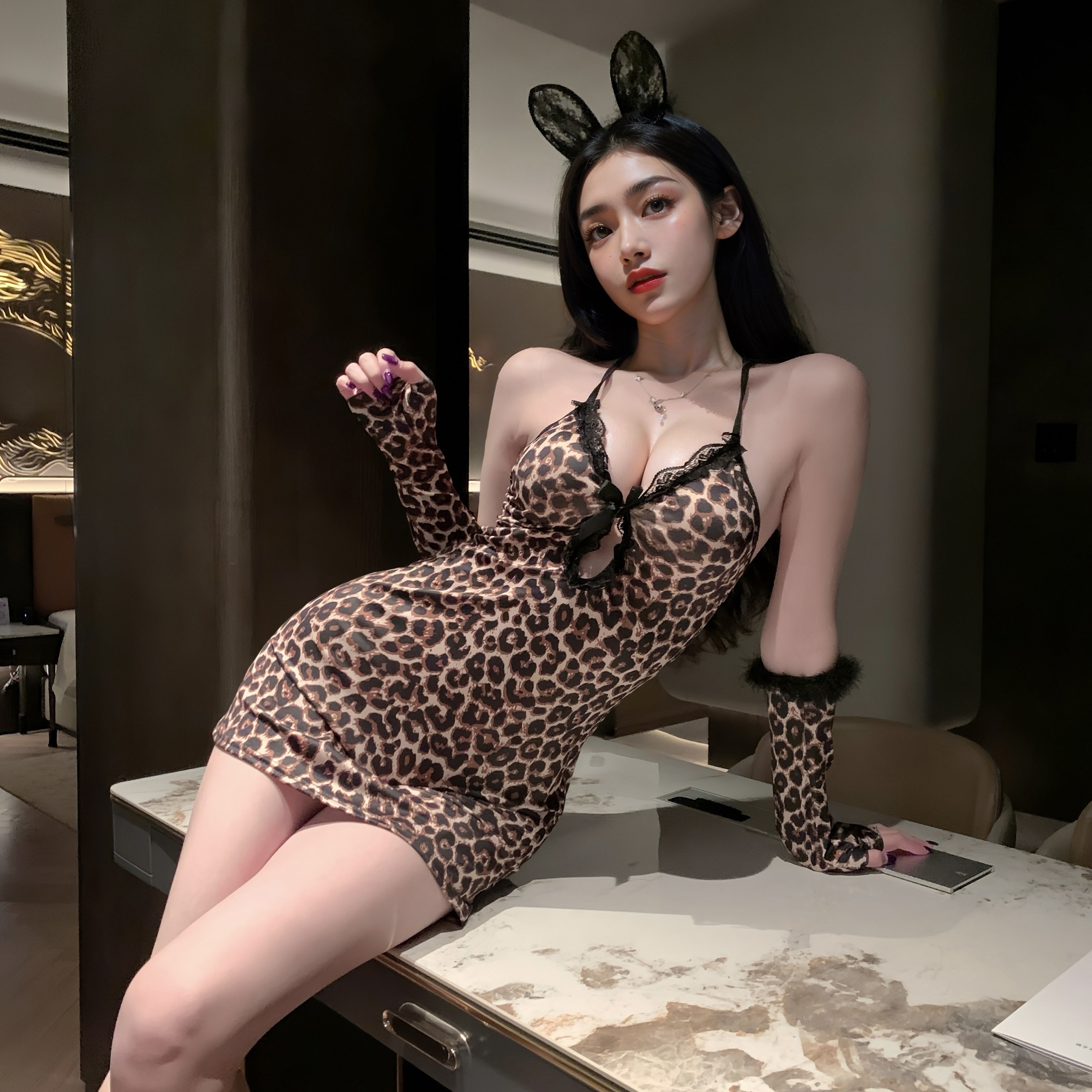 Leopard Print Lingerie Set - Spaghetti Strap Mini Dress with Lace Trim, Long Gloves & Bunny Ears Headband, 3-Piece Costume