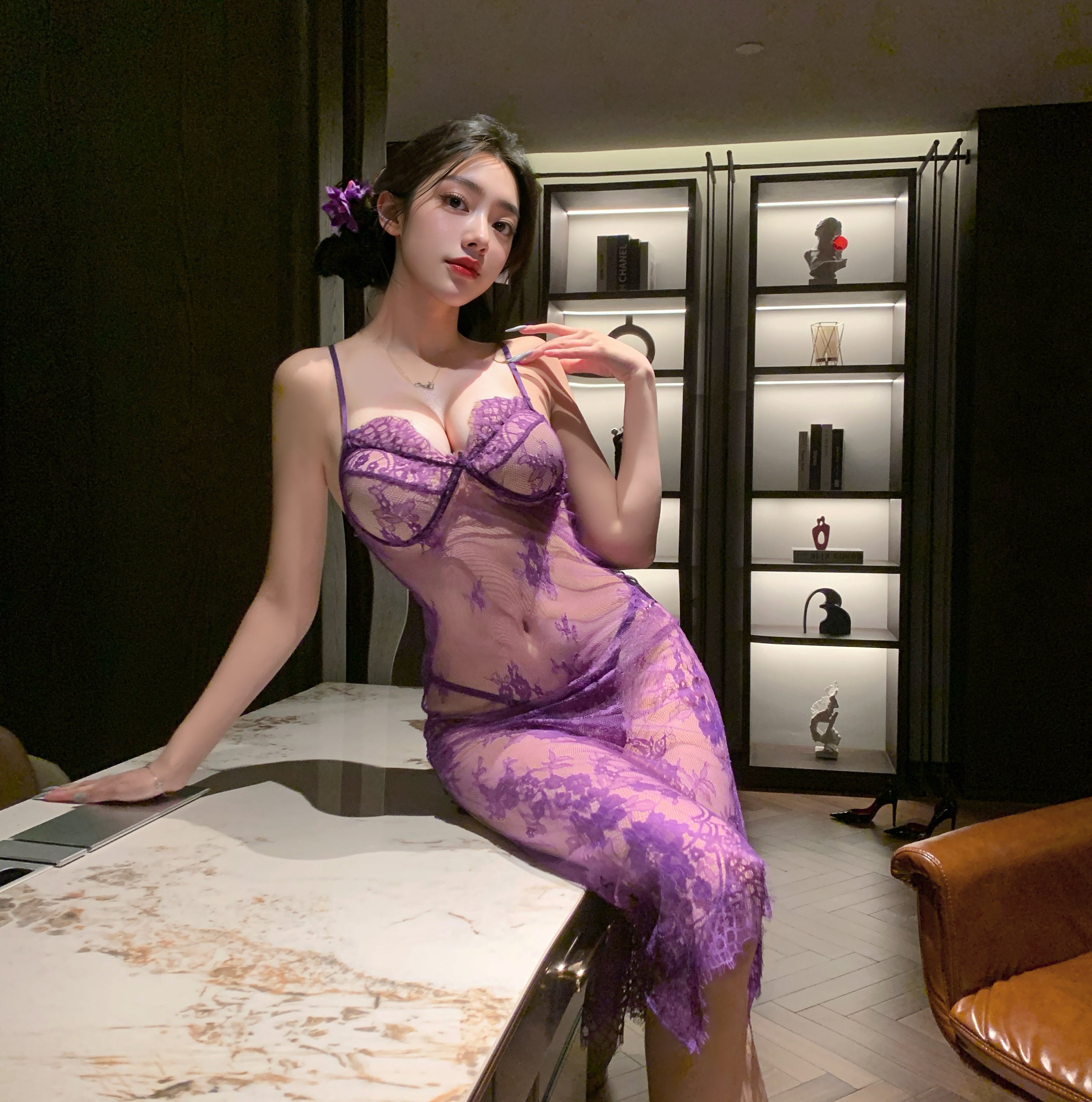 Elegant Purple Lace Long Chemise - Romantic Sheer Nightgown with Underwire Support, Floral Lace Pattern, Matching Thong, 2-Piece Set